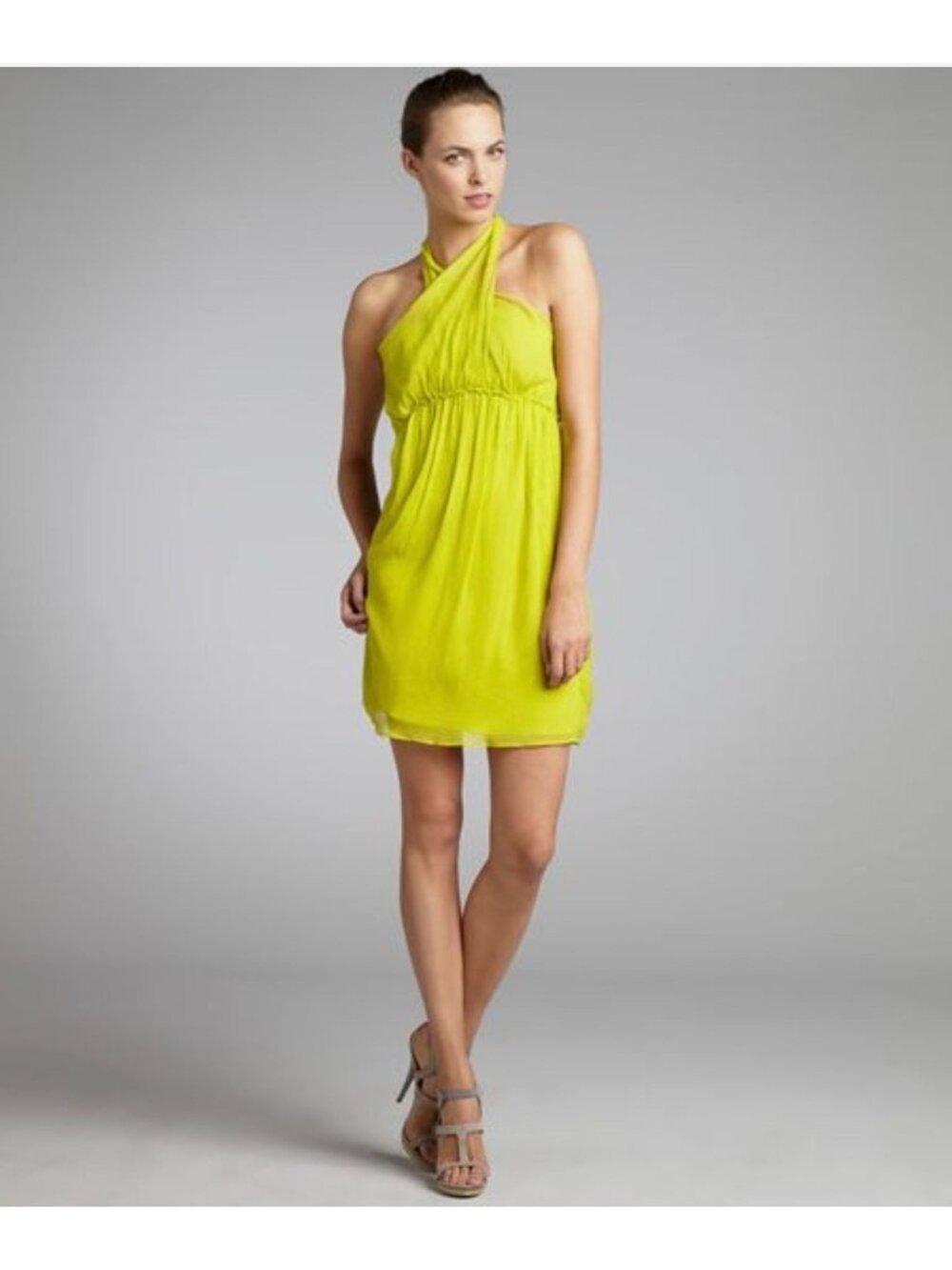 Vera Wang Lavender Label Women's 100% Silk Chartreuse Ruffle Dress Size 2